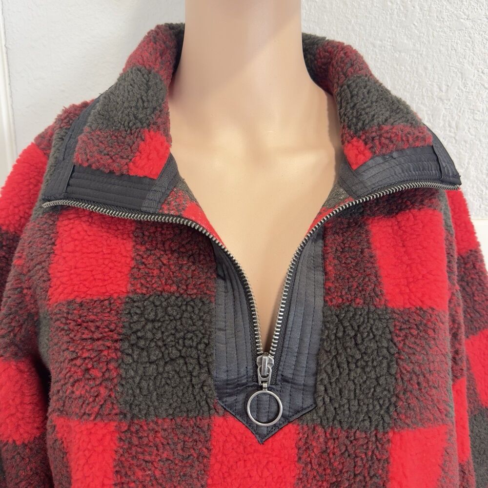 Abercrombie & Fitch Women’s S Sherpa Fleece Pullover Jacket Red Black Plaid - Picture 4 of 12